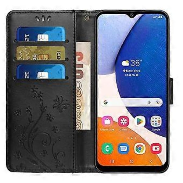 Telefonfodral med plånboksfunktion för Samsung Galaxy M14 5G, präglat med fjärilar, PU-läder, stativ och rem (Stil A)