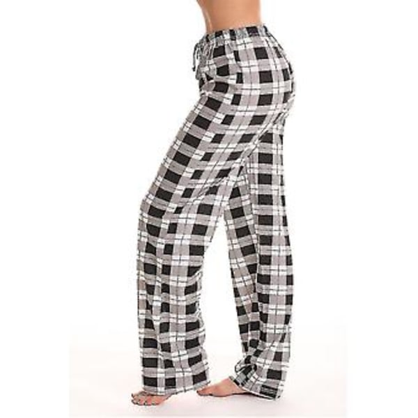 Dam Pyjamasbyxor med Fickor, Dam Mjuka Flanellrutiga Pyjamasbyxor (S svart)
