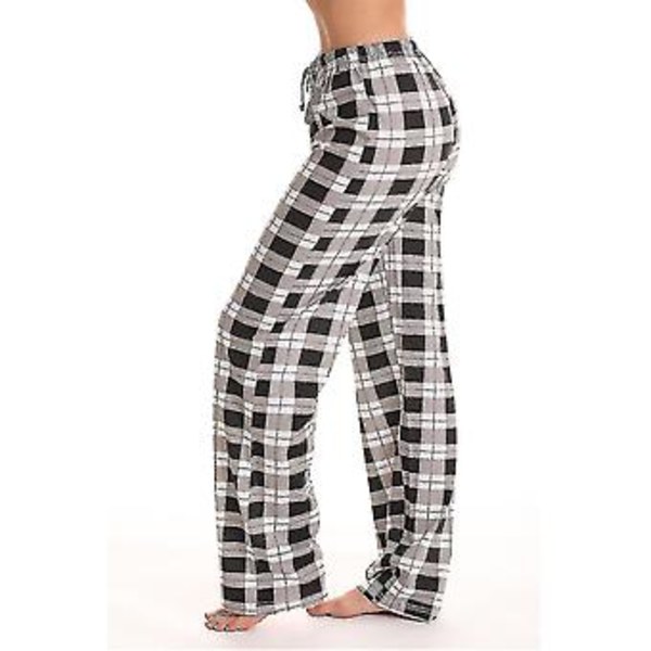 Dame Pyjamasbukser med Lommer, Myke Flanell Rutete Pyjamasbukser for Kvinner (L svart)