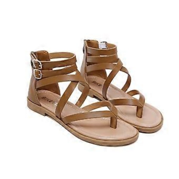 Sommarsandaler för damer, stor storlek, mode dragkedja romerska sandaler (EU 37 Brun)