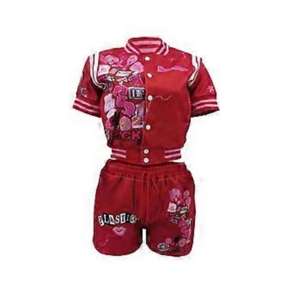 Dam 2-delat Set Kortärmad Crop Top Träningsdräkt Kroppsnära Shorts Jumpsuit Set (XL Svart)