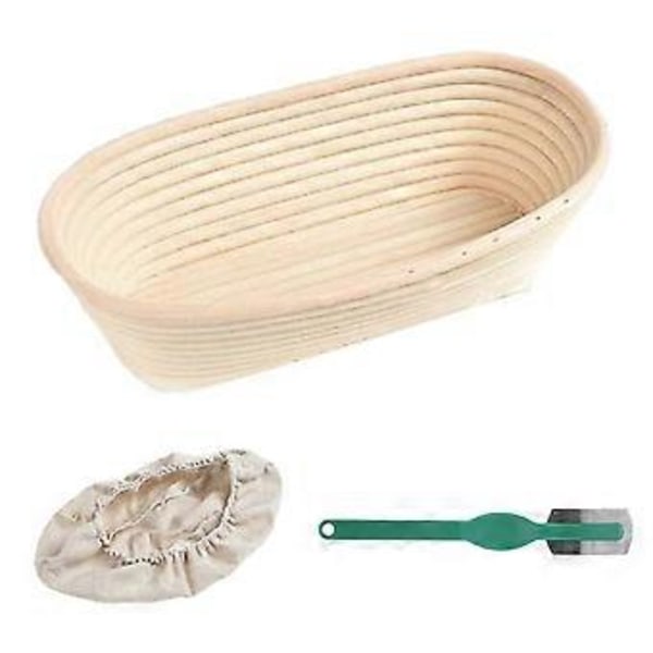 Oval Rattan Brödjäsningskorg med Tygöverdrag och Skrapa (28x14x8cm)