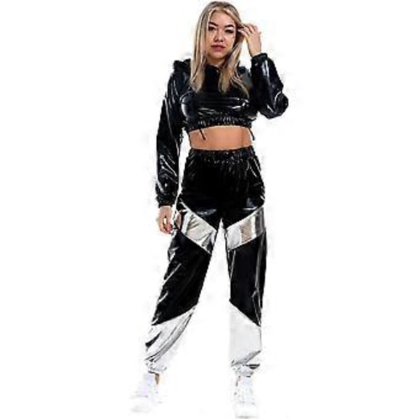 Rave-outfit för damer, glänsande crop top-hoodie, metalliska lediga långbyxor, hoodie-träningssweatshirt, discodans-klubbkläder (XX-Large Svart)