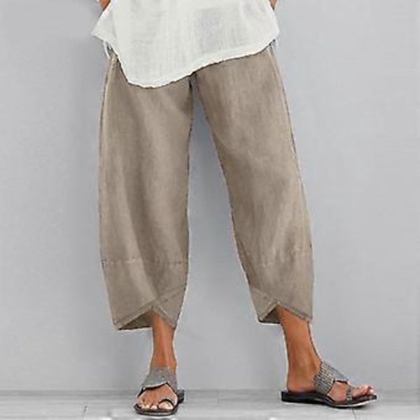 Dame- og herre sommer efterår elastisk talje løse ensfarvede bukser dame bomuld linned bukser (5XL khaki)