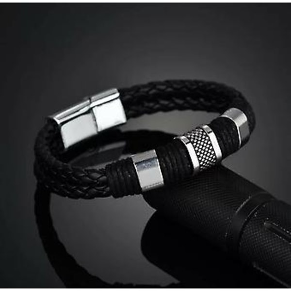 Armbånd i lær for menn, rustfritt stål, biker punk smykke 21cm (Svart)