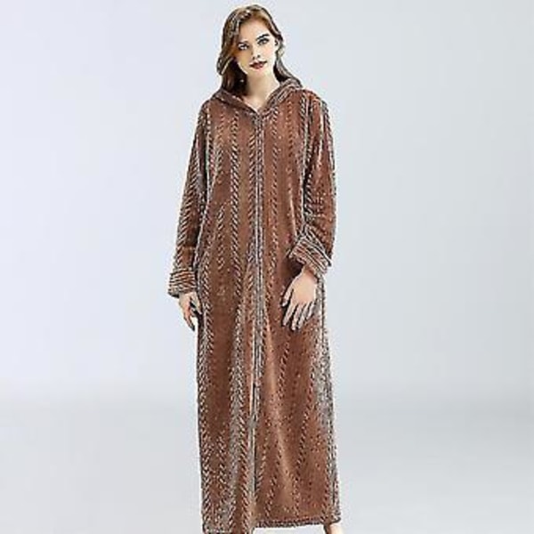 Dames Hættetrøje Badekåbe Varmt Blødt Kvinders Fleece Lynlås Lang Kåbe (XL Brun)