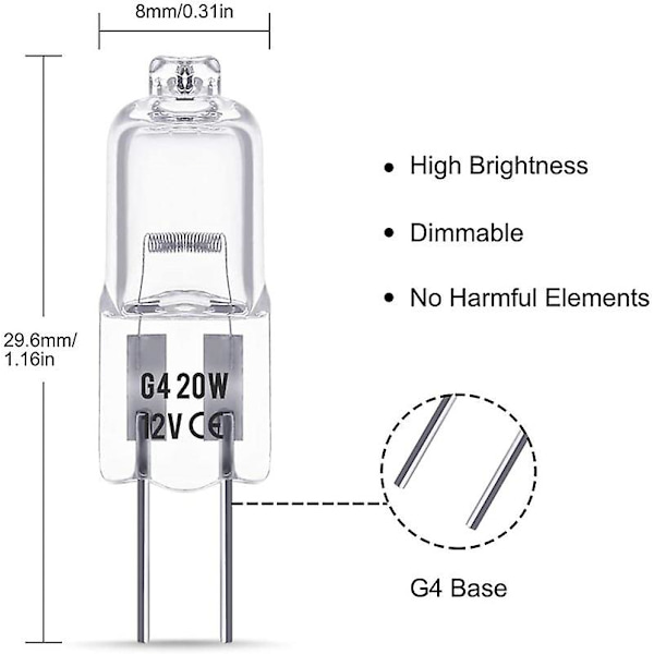 20 stk. G4 halogenpære 20w Dc12v indendørs halogen G4 lampe krystalpære