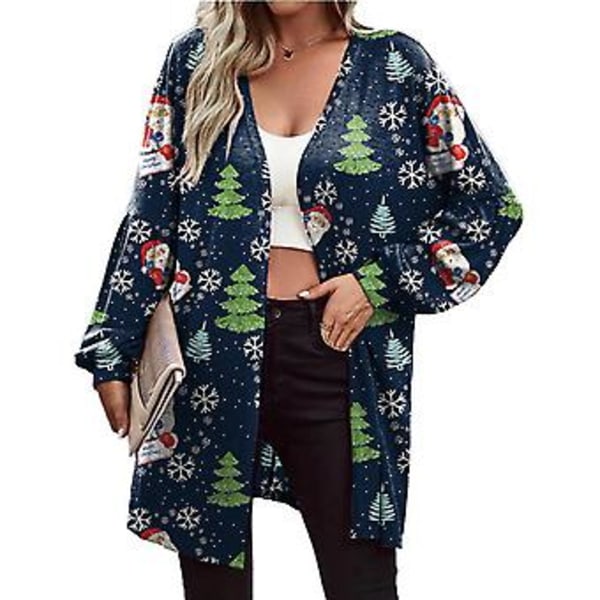 Dametøj Juletrykt Langærmet Mode Cardigan Jakke (XXL Gammel mand i marineblå)