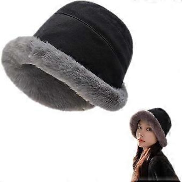 Tjock Fiskehatt Dam Vinter Plysch Bucket Hatt Varm Enfärgad Fuskpäls Fiskehatt (Svart)