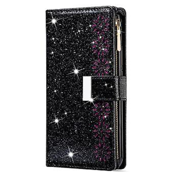 Glitter-fodral i läder med blixtlås för Huawei Mate 20 Pro (Svart)
