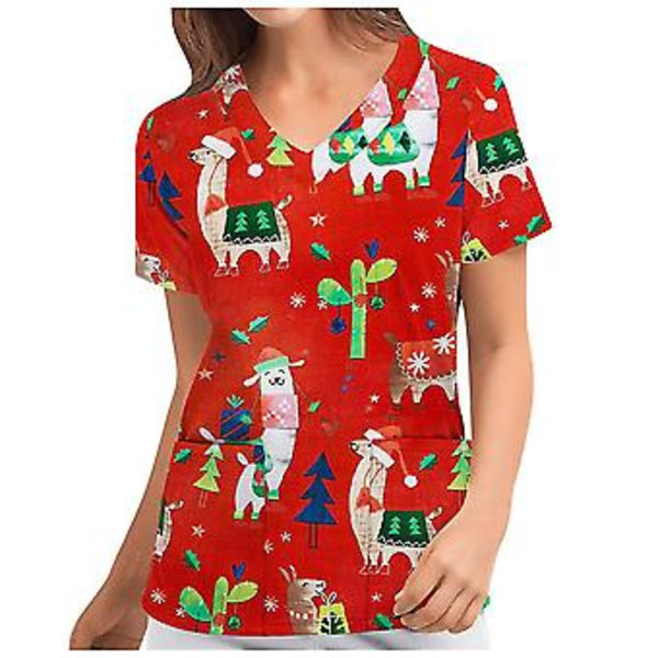 Jouluinen Naisten Hoitajan Yhtenäinen Scrubs Lyhythihainen T-paita Jouluinen Bloussi Tee Topit V-kaula (2XL Tiilipunainen)