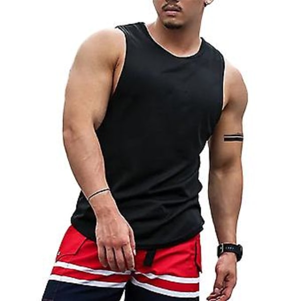 Fianao O-hals ærmeløs tynd mænds vest sommer løs ensfarvet fitness vest top (L sort)