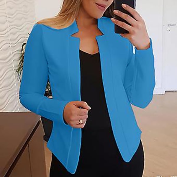 Langærmet Blazer til Kvinder i Solid Farve, Slim Fit, Kontor, Arbejde, Spids Krave, Åben Stitch Cardigan Blazer Yderbeklædning (XL Blå)