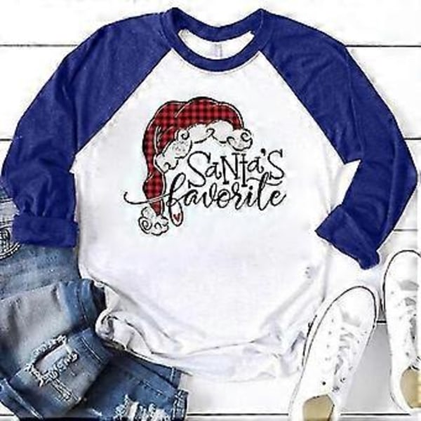 hmwy-dame jule nisse trykk t-skjorte bluse basic topp tee shirt (4XL Blå)
