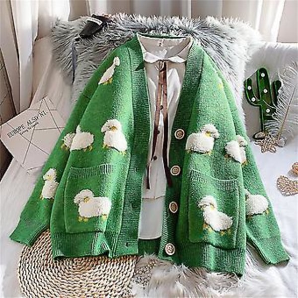 Kvinner Casual Lang Ermet Stripete Patchwork Lang Cardigan Topper Bluse Frakk (Grønn)