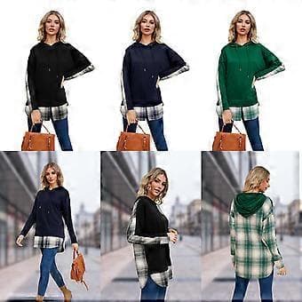 Dame Plaid Patchwork Hættetrøjer Top Langærmet Casual Løs Pullover Sød Letvægts Casual Løse Hættetrøjer Sort L Black L