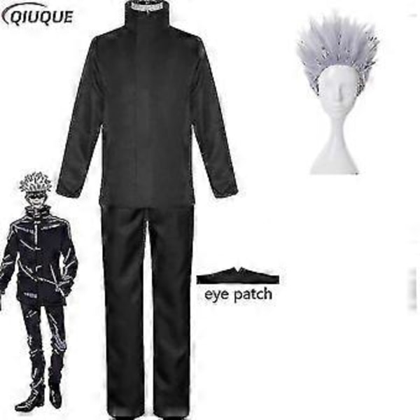 2023-anime Jujutsu Kaisen Gojo Satoru Cosplay Kostume Toppe Bukser Øjenlap Halloween Fest Mænd Uniform Parykker-1-1(XXXL Sort Pakke 5)