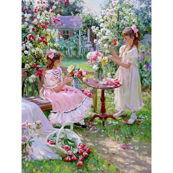 30 x 40 cm ,deux filles dans le jardin Diamond Painting Broderi