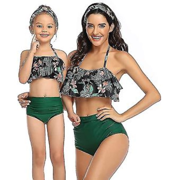 Flickbaddräkt Tvådelad Bikini Set Volang Falbala Badkläder Baddräkter-e( M2023-grön)
