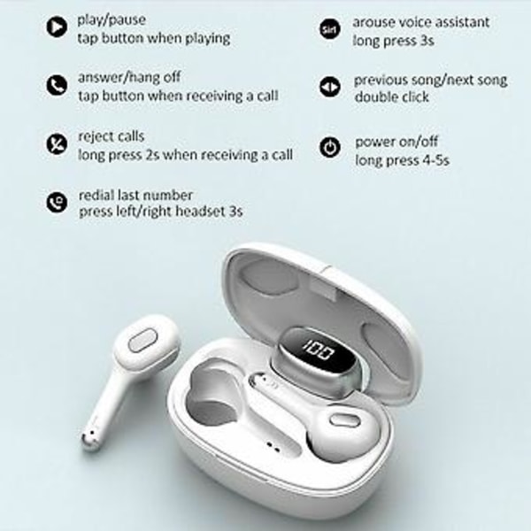 Bluetooth-nappikuulokkeet TWS langattomat kuulokkeet 5.0 melua vaimentava vedenpitävä headset (valkoinen)