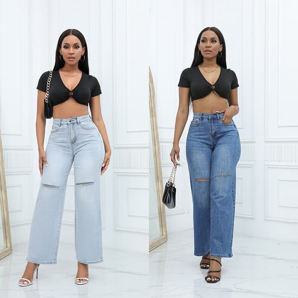 Rakbenta högmidjade tvättade jeans i lång modell för dam M