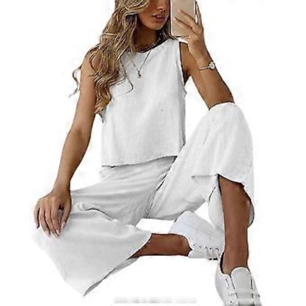 hmwy-dame loungewear ærmeløs tank top brede ben lange bukser sæt (XL Hvid)