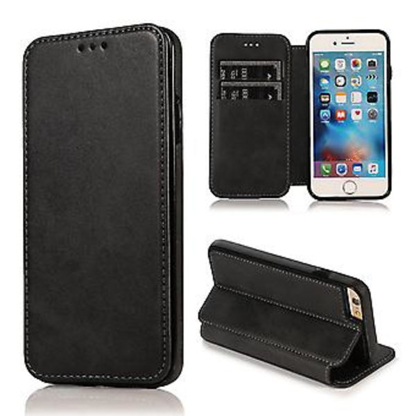 PU-Lærveske Folio for iPhone 6p/6sp, Forretningsstil, Lommebokfunksjon, Fallbeskyttelse, Stativfunksjon, Slitesterk (Svart)