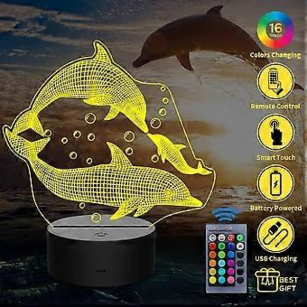 Delfin Natthållare för Barn - 3D Illusionslampa med 16 Färgväxlingar med Fjärrkontroll, Födelsedag Jul och Semesterpresent för Barn Flickor Pojkar
