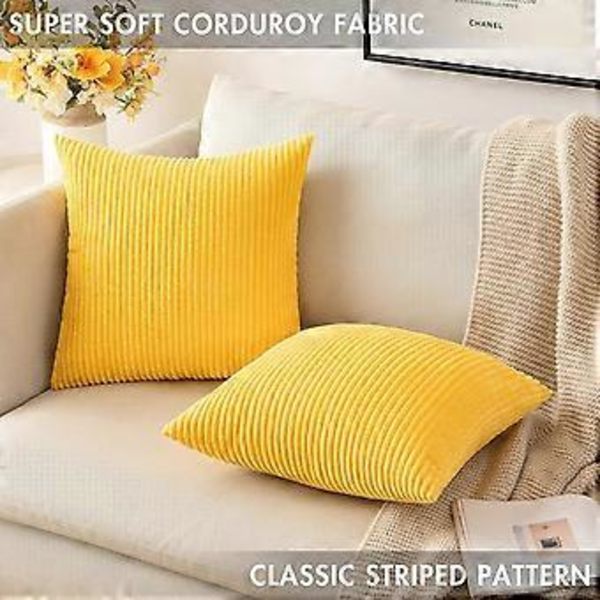 Pakke med 2 Corduroy Myke Solide Dekorative Firkantede Putesett Deksel Putesaker Putesett for Sofa Soverom Couch 18 x 18 Tommer Gyllen Gul