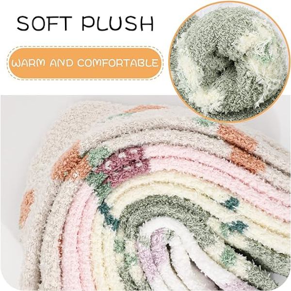 5 par mjuka fluffiga strumpor för kvinnor, blommönster sängstrumpor La