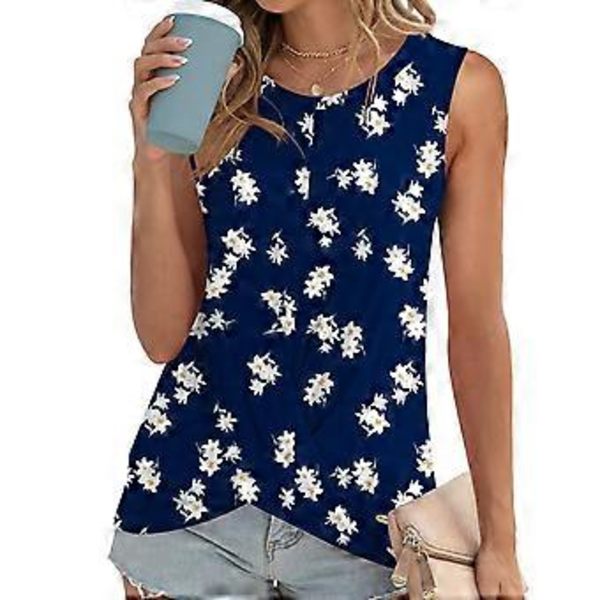 Dame Casual Tank Top Sommer Ærmeløs Buet Vest Basic O-Hals T-Shirt Vest Komfortabel Tunika Løs T-Shirt Vest Marineblå M(M Marineblå)