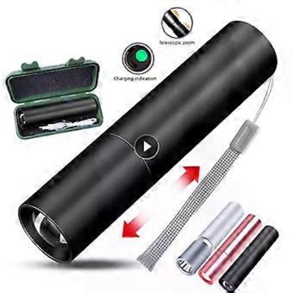 Mini Ficklampa USB Uppladdningsbar LED Ficklampa Vattentät Teleskopisk Kraftfull Zoom Lampa Utomhus Nödsituation Portabla Ficklampor (A1 Svart)