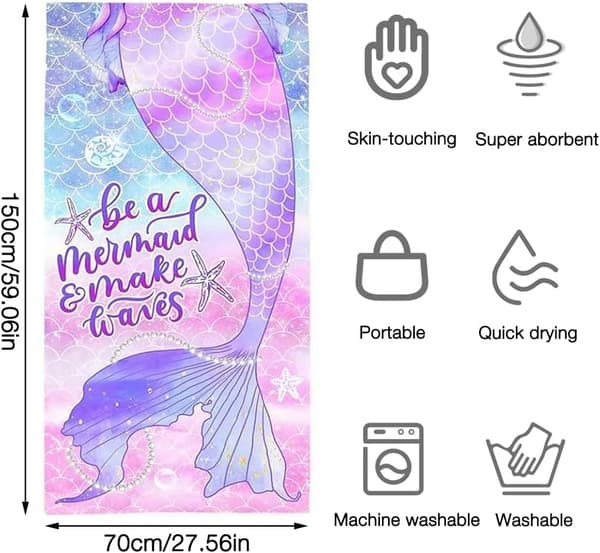 1 kpl mikrokuitu rantapyyhe, 70x150cm, Mermaids, Polyester, Tytöt,