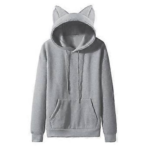 Herre Casual Ensfarget Pullover Hettegenser med Katteører, Fleece og Lomme (XL Grå)