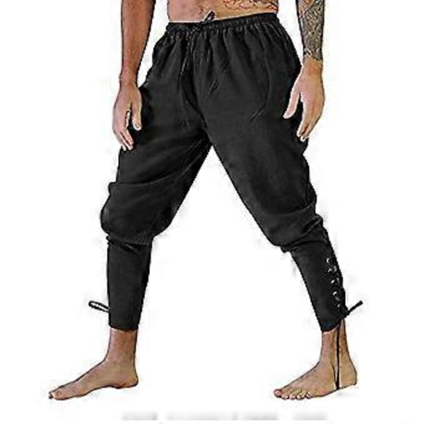 Retro Herre Ensfarvede Kalvebånds Bukser Renaissance Middelalderlig Pirat Kostume Bukser (4XL Sort)