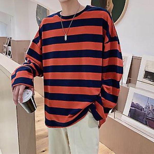 Miesten raidallinen pusero pyöreällä kauluksella, pitkähihainen, rento, muodikas yläosa nuorille miehille, asusteet (2XL oranssi)