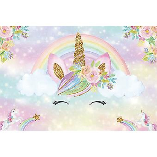 Yksisarvisen syntymäpäivätausta 5x11ft Kultaisen Glitterin Sateenkaari Yksisarvisen Syntymäpäiväkuvaustausta Tyttöjen Syntymäpäivä Bokeh Kukallinen Juhlat Koristeet Lasten Valokuvauskoppi