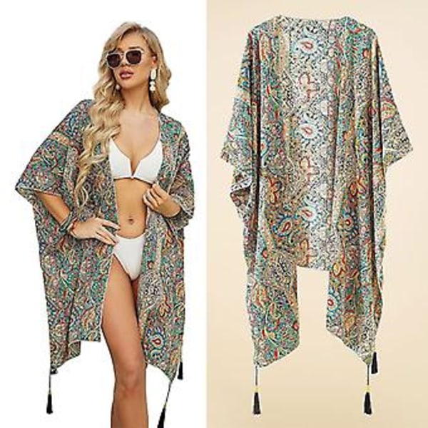 Dam Kimono Cardigan Sommar Badkläder Cover-Ups Strand Cover Up För Semester ( )