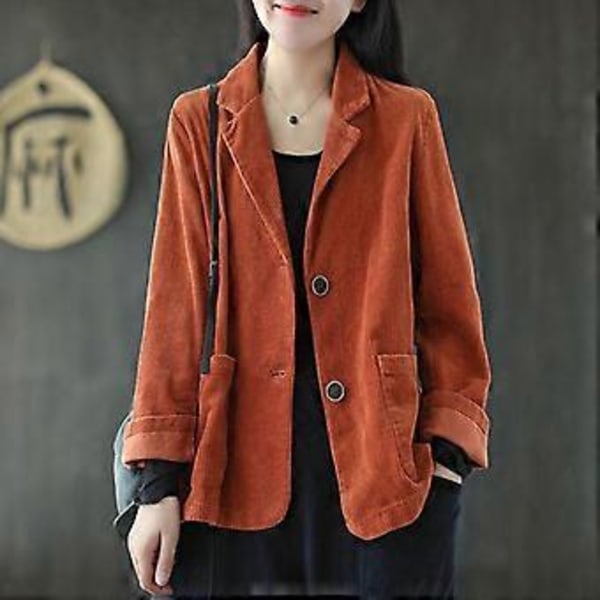 Kort jacka i manchester med krage, enfärgad, dam, höst, långärmad, ficka, konstnärlig retro, avslappnad topp (M mörk orange)