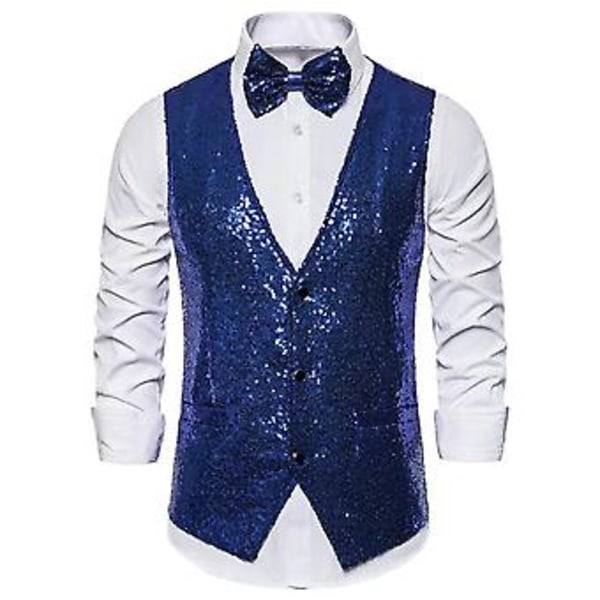 Väst för män, scenframträdande, konferencier, glittrande paljetter, slim fit, V-ringad, ärmlös, enkelknäppt, med rosett (L Silver)