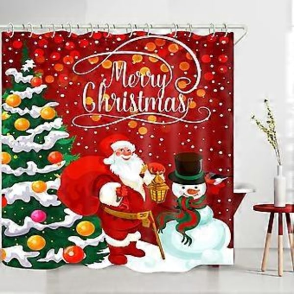 Bruseforhæng med kunstgrønt juletræstryk til badeværelset, rød julemand snemand vandtæt forhæng til badekar, polyester bruseforhængsforing (180x180cm)