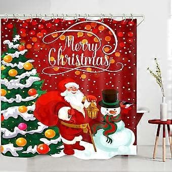 Duschdraperi med konstnärlig grön julgranstryck Badrum, Röd Tomte Snögubbe Vattentät Draperi för Badkar, Polyester Duschdraperifoder (180x180cm)