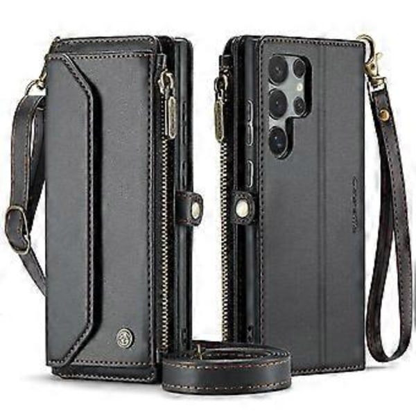 Crossbody Wallet Case til Samsung Galaxy S24 Ultra, Magnetisk Flip Kort Holder Læder Cover med Lynlås Lomme til Kvinder (Sort)