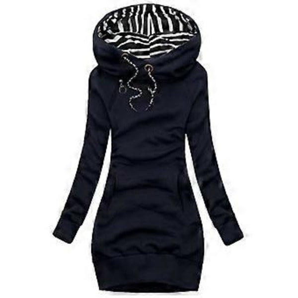Dame mid-længde slim hoodie, afslappet efterårs- og vinter sweatshirt (M Navy blå)