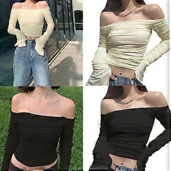 Naisten Off Shoulder Mesh Ruched Crop Topit Y2K T-paita Trumpetti Pitkähihainen Slim Fit T-paidat Seksikäs Pusero Y2K Katumuoti Musta M(M Musta)
