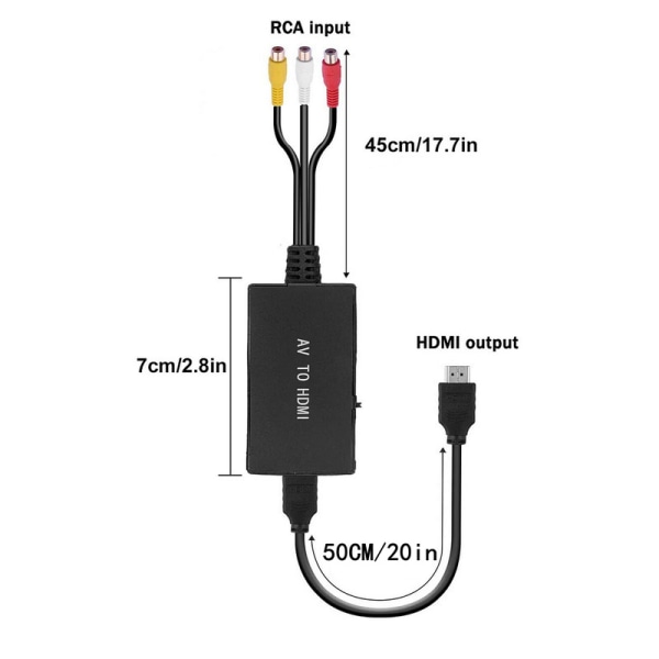 1 Svart RCA til HDMI Adapter, AV til HDMI Konverter, RCA Inngang, Vid