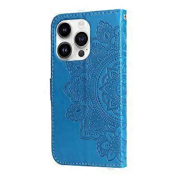 7-blads blomster preget lærveske for iPhone 15 Pro (Blå)