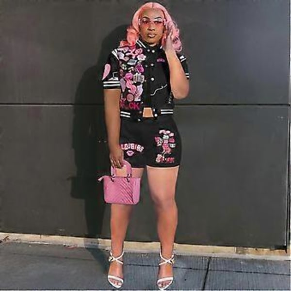 Dam 2-delat Set Kortärmad Crop Top Träningsdräkt Kroppsnära Shorts Jumpsuit Set (L Svart)