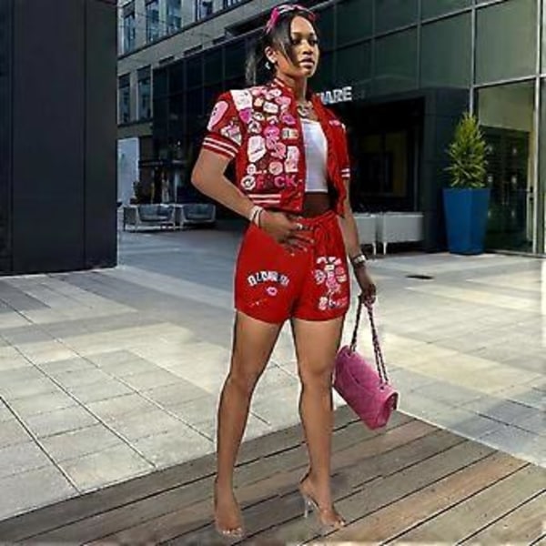 Dam 2-delat Set Kortärmad Crop Top Träningsdräkt Kroppsnära Shorts Jumpsuit Set (XL Svart)