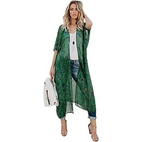 Kvinners Blomster Kimono Cardigan Strand Lang Jakke (M)